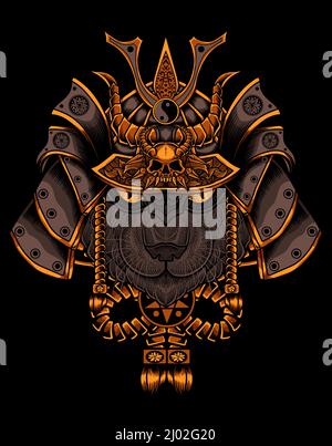 illustration cat head with samurai helmet on black background Stock Vector
