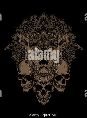 illustration dog head engraving mandala style with skull and crow bird Stock Vector