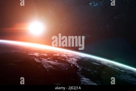 Sunrise over the Mars planet of solar system close up. 3D rendered ...