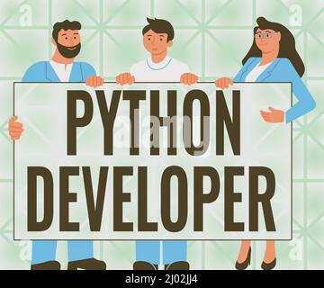 Writing displaying text Python Developer. Business showcase responsible for writing serverside web application logic Three Colleagues Holding Stock Photo