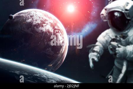 Awesome beautiful planets somewhere in deep space with the astronaut in front of panorama. Elements of this image furnished by NASA Stock Photo