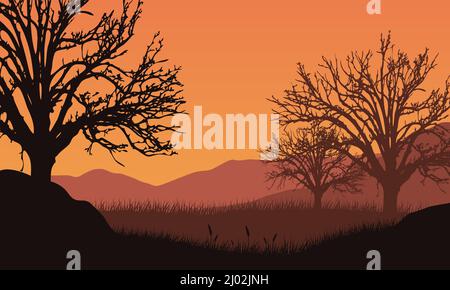 Stunning mountain view from the edge of the village with the silhouettes of big dry trees around it. Vector illustration Stock Vector