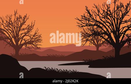 Amazing view of the mountains from the seafront with the silhouettes of big dry trees around. Vector illustration Stock Vector