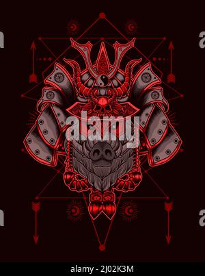 illustration vintage wild boar samurai head Stock Vector