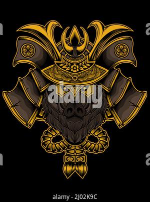 illustration vintage wild boar samurai head Stock Vector