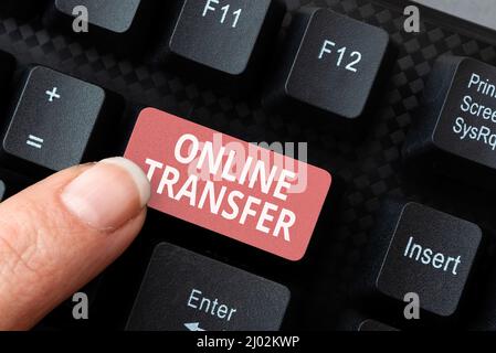 Hand writing sign Online Transfer. Business overview authorizes a fund transfer over an electronic funds transfer Abstract Typing Online Invitation Stock Photo