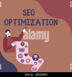 Conceptual caption Seo Optimization. Conceptual photo process of affecting online visibility of website or page Lady Presenting Paper Showing Her Stock Photo