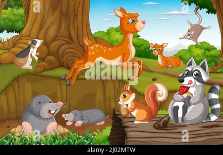 Scene with wild animals in the forest illustration Stock Vector