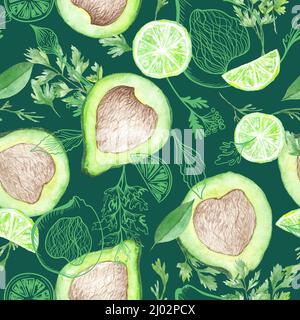 Healthy eat superfood hand painted background with avocado, lime and herbs Stock Photo