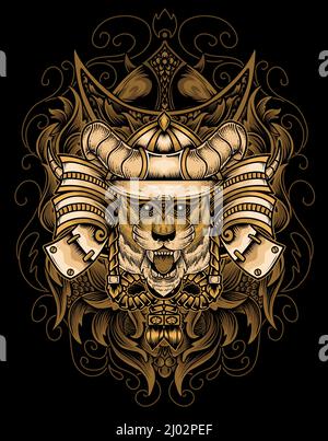 illustration tiger samurai head with engraving ornament Stock Vector