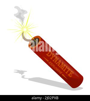 Dynamite cylinder with burning wick. Explosives for mining operations. Cartoon vector isolated on white background Stock Vector