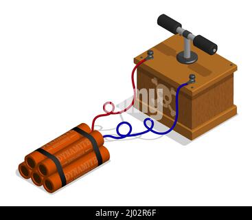Isometric Box with handles for detonating dynamite charge at mining site. Equipment for pyrotechnics. Realistic 3D vector isolated on white background Stock Vector