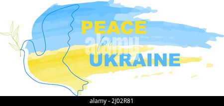 Dove of peace with color of Ukrainian national flag. Inscription peace for Ukraine. Branch of olive tree. Stop russian aggression. Stock Vector