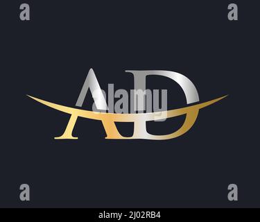 AD A D Swoosh Letter Logo Design with Modern Yellow Swoosh Curved Lines ...
