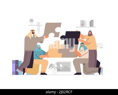 arab businesspeople team putting parts of puzzle together problem solution teamwork concept horizontal full length Stock Vector