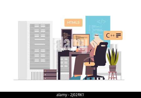 web developer creating program code on computer monitor development of software and programming Stock Vector