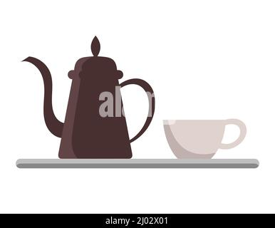 Tray with teapot and cup. Kitchen utensils in flat style. Stock Vector