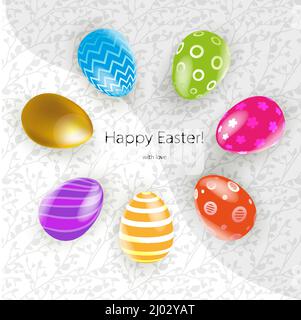Multicolored Easter eggs on leaves pattern background. Vector pink, violet, red, blue serpantine pieces isolated and eggs. Place for text in center. Stock Vector