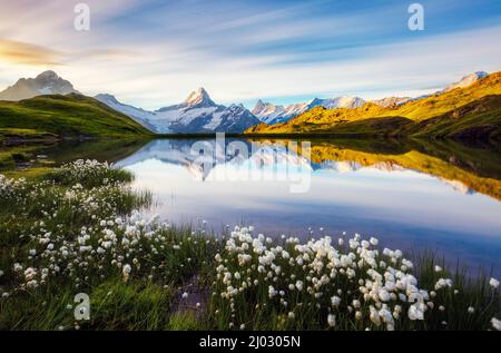 Great view of Mt. Schreckhorn and Wetterhorn above Bachalpsee lake. Dramatic and picturesque scene. Popular tourist attraction. Location place Swiss a Stock Photo