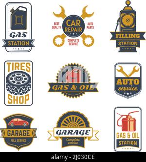 Vintage car gasoline station badges, retro fuel labels. Automobiles gas station, garage and auto repair service stickers vector illustration set Stock Vector