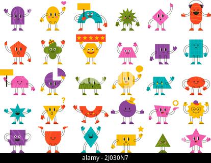 Geometric comic abstract characters with funny faces and emotions. Cute facial emotions, happy, smile faces vector illustration set. Funny doodle Stock Vector