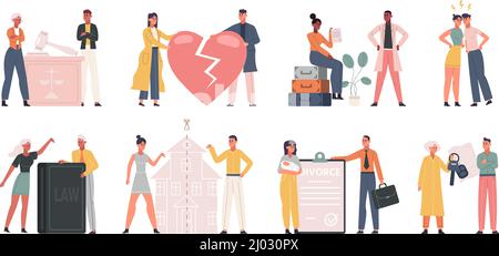 Divorce, separation, family breakdown and parental allowance. Man and woman property division vector illustration set. Marriage conflict and Stock Vector