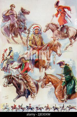 Horsemen of different ages and climes.  Top left to right, a rider of the Bronze Age, a Russian Cossack, below middle, a Sioux chief from America, a Bedouin of Palestine and below, a Mexican buccaro and a highwayman.  The small figures at the bottom represent horsemen from ancient Greece and Rome, an English squire late 18th century, a cavalier, an Arab, a member of the Royal Mounted Canadian Police, a Hungarian, an English mounted policeman and a jockey.  From The Wonderland of Knowledge, published c.1930 Stock Photo