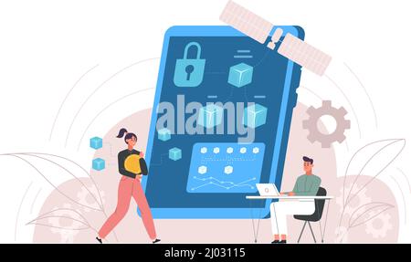 Blockchain technology, business people block chain concept. Bitcoin and crypto coins mining vector illustration. Cryptocurrency transaction tech Stock Vector