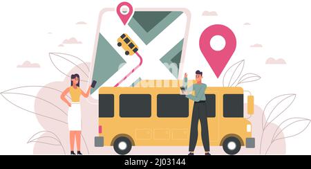 School bus tracking software, kids safety technology system. Children location gps tracker, mobile bus navigation app vector illustration. Kids safety Stock Vector