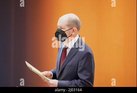 Berlin, Germany. 16th Mar, 2022. Chancellor Olaf Scholz (SPD) arrives for the closed meeting of the Federal Cabinet at the Chancellor's Office. Credit: Michael Kappeler/dpa-Pool/dpa/Alamy Live News Stock Photo