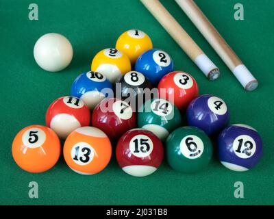 Mini billiards, pool or snooker balls on the green felt. Fourteen striped and solid balls, the black eight ball, the cue ball and cues on the table Stock Photo