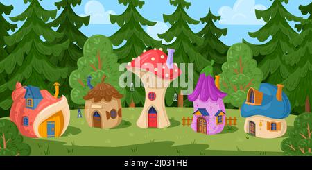 Cartoon forest fairy village, fairytale gnome mushroom houses. Woods gnomes or elves housing village, magical village vector illustration. Fantasy Stock Vector