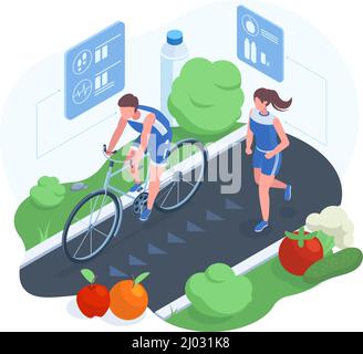 Isometric sport, healthy lifestyle and diet concept. Sportsman human characters doing fitness cardio vector illustration. Weight control, diet and Stock Vector