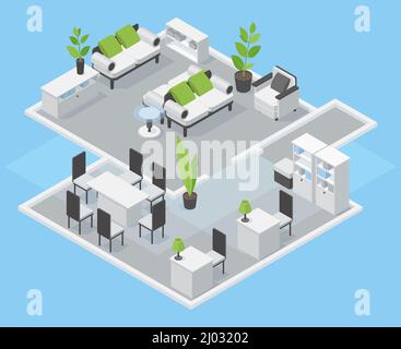 Isometric zoned interior, office or co-working space. Modern comfortable office interior vector 3d illustration. Cozy coworking zone Stock Vector