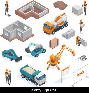 Isometric architecture building construction, architect and builders workflow. Construction work equipment vector illustration set. Building Stock Vector
