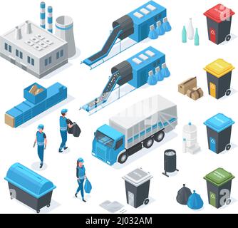 Isometric waste recycle, garbage plant, truck, industrial landfill environment. Garbage recycling, garbage can and scavengers vector illustration set Stock Vector