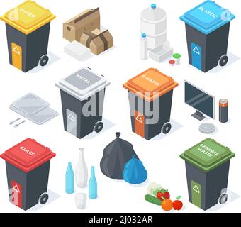 Isometric garbage multicolour trash cans, waste recycle bins. Plastic, glass, organic or paper garbage cans, 3d trash bins vector illustration. Waste Stock Vector