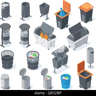 Isometric trash bins, 3d garbage rubbish can, waste recycle baskets. City waste sorting and recycling containers vector illustration set. Garbage Stock Vector