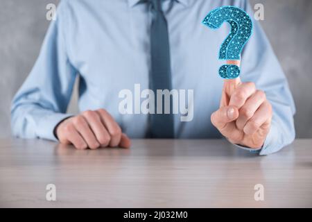 Question mark. 3d abstract on dark background with dots and stars. Ask symbol. Help support, faq problem symbol, think education concept, confusion se Stock Photo