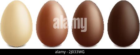 Realistic easter chocolate egg, white, milk and dark chocolate eggs. Easter eggs different chocolate colors vector illustration set. Easter holiday Stock Vector