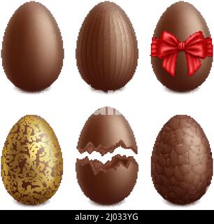 Realistic chocolate eggs, easter holiday sweet dessert. Easter holiday surprise treat, golden choco eggs vector illustration set. Brown choco eggs Stock Vector
