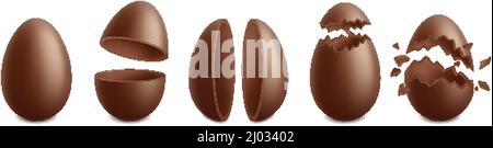 Realistic chocolate easter eggs, spring holiday surprise treat. Broken eggshell egg, holiday choco sweets vector symbols set. Cracked easter eggs Stock Vector