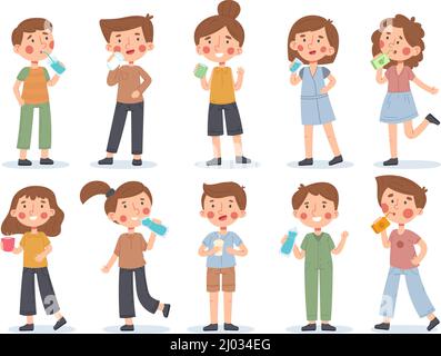 Children drink milk, water, juice or tea, kid with beverages. Thirsty kids holding beverage bottles vector illustration set. Kids drinks water Stock Vector