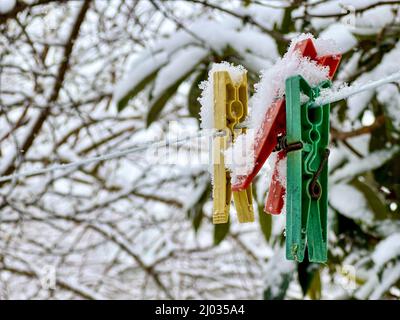 clothespins, row of snow covered colorful plastic pegs or clothespins on a clothesline in the garden in winter. colorful clothes pegs under snow with Stock Photo
