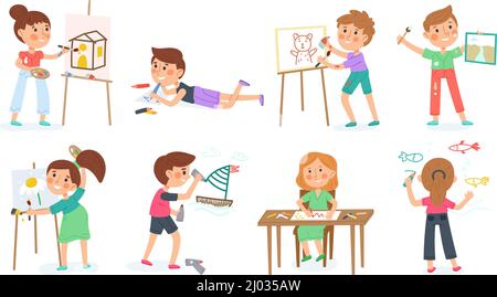 Kids drawing. Young painters, children kindergarten activity. Flat boy ...