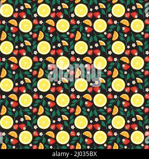 Seamless bright spring and summer pattern with orange, lemon and strawberry with leaves on dark background. Print of citrus fruits and berries. Vector flat illustration of healthy food Stock Vector