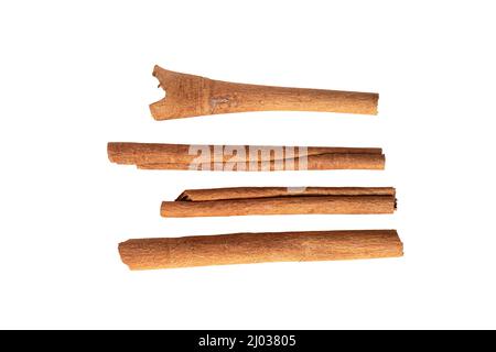 Cinnamon sticks Asian wood bark herb. Canella spice. Aromatic condiment isolated on white. Stock Photo