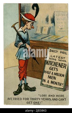 WW1 era comic cartoon postcard of a gaunt woman with a red nose, she is a single woman in her 30's - at this time, unmarried woman were looked at with scorn and frequently portrayed as ugly hags desperate for a husband. This woman is looking at a news poster / news stand at a newsagent that reads 'Kitchener gets half a million men in a month'. The lady says 'Lor! And here I've tried for thirty years, and can't get one!' - Year: circa 1914 Play on the title of the Daily Mail - the poster reads Daily Pail. Published by Brown and Calder, London, U.K. Circa 1914 - 1915. Stock Photo