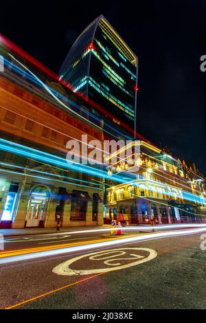 Walkie Talkie Building (20 Fenchurch Street) with light trails at night, City of London, London, England, United Kingdom, Europe