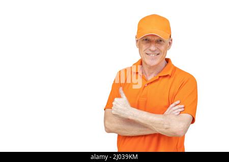 American caucasian male adult staff worker standing smile isolated on white background Stock Photo
